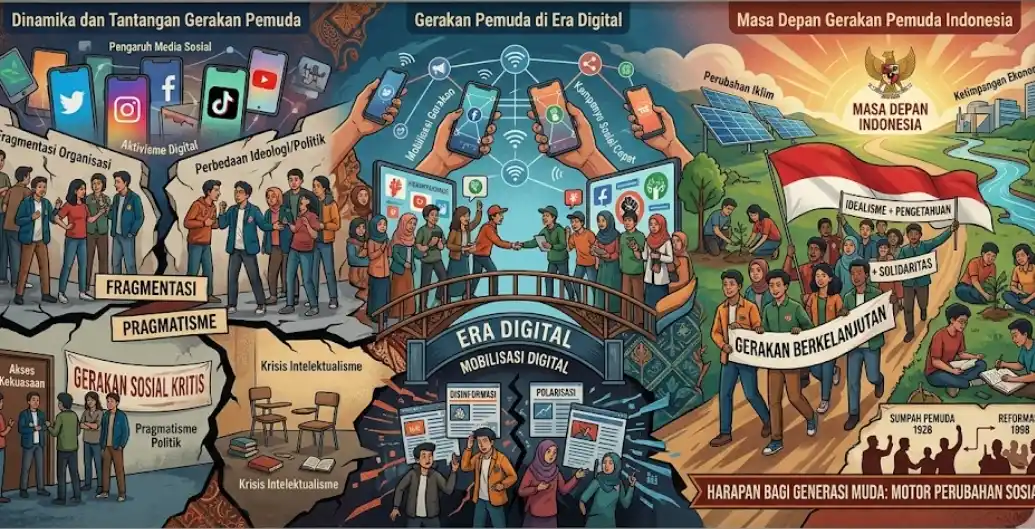 Ilustrasi diskusi aktivis muda membahas dinamika gerakan pemuda Indonesia di era digital.